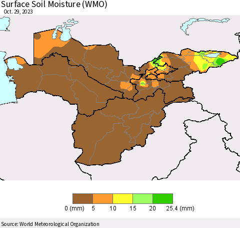 Central Asia Surface Soil Moisture (WMO) Thematic Map For 10/23/2023 - 10/29/2023