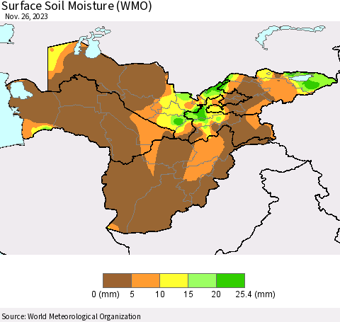 Central Asia Surface Soil Moisture (WMO) Thematic Map For 11/20/2023 - 11/26/2023