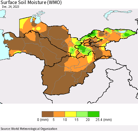 Central Asia Surface Soil Moisture (WMO) Thematic Map For 12/18/2023 - 12/24/2023
