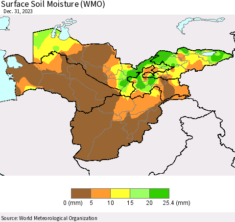 Central Asia Surface Soil Moisture (WMO) Thematic Map For 12/25/2023 - 12/31/2023