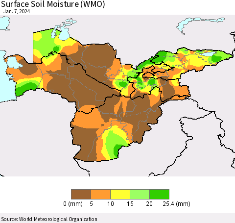 Central Asia Surface Soil Moisture (WMO) Thematic Map For 1/1/2024 - 1/7/2024