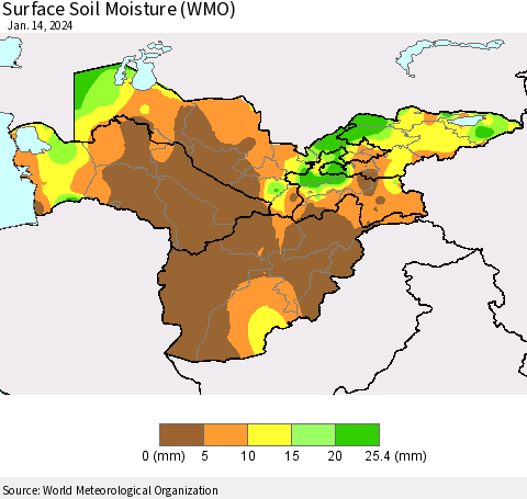 Central Asia Surface Soil Moisture (WMO) Thematic Map For 1/8/2024 - 1/14/2024