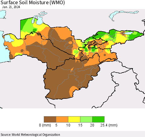 Central Asia Surface Soil Moisture (WMO) Thematic Map For 1/15/2024 - 1/21/2024