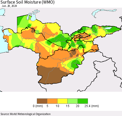 Central Asia Surface Soil Moisture (WMO) Thematic Map For 1/22/2024 - 1/28/2024