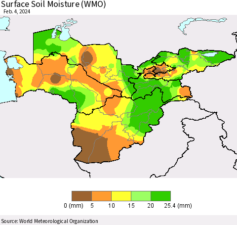 Central Asia Surface Soil Moisture (WMO) Thematic Map For 1/29/2024 - 2/4/2024