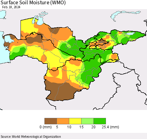 Central Asia Surface Soil Moisture (WMO) Thematic Map For 2/12/2024 - 2/18/2024