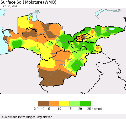 Central Asia Surface Soil Moisture (WMO) Thematic Map For 2/19/2024 - 2/25/2024