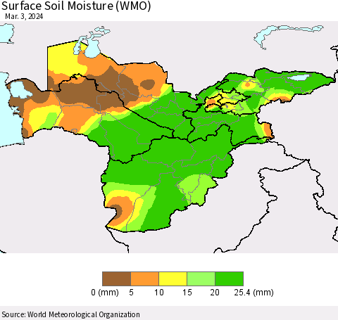Central Asia Surface Soil Moisture (WMO) Thematic Map For 2/26/2024 - 3/3/2024