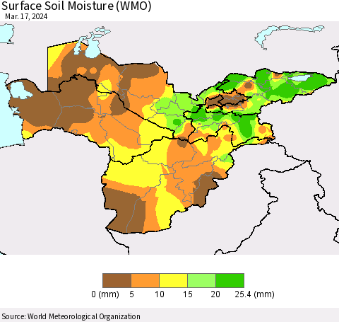 Central Asia Surface Soil Moisture (WMO) Thematic Map For 3/11/2024 - 3/17/2024