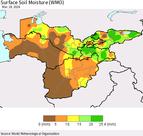 Central Asia Surface Soil Moisture (WMO) Thematic Map For 3/18/2024 - 3/24/2024