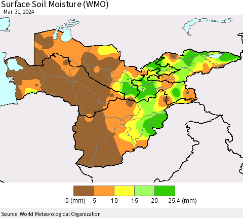 Central Asia Surface Soil Moisture (WMO) Thematic Map For 3/25/2024 - 3/31/2024