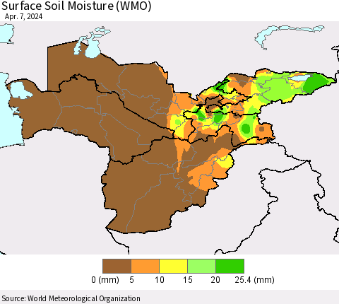 Central Asia Surface Soil Moisture (WMO) Thematic Map For 4/1/2024 - 4/7/2024