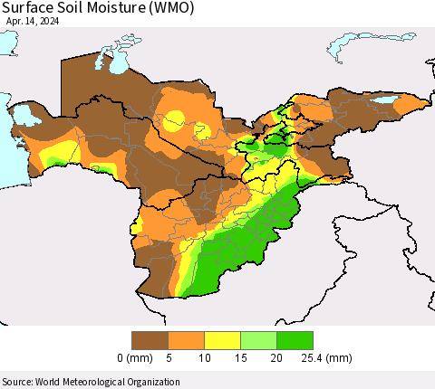 Central Asia Surface Soil Moisture (WMO) Thematic Map For 4/8/2024 - 4/14/2024