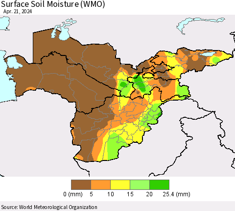 Central Asia Surface Soil Moisture (WMO) Thematic Map For 4/15/2024 - 4/21/2024
