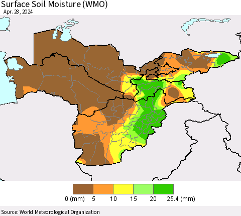 Central Asia Surface Soil Moisture (WMO) Thematic Map For 4/22/2024 - 4/28/2024