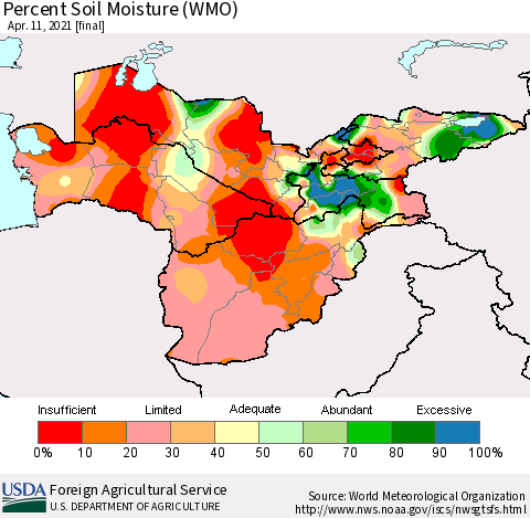 Central Asia Percent Soil Moisture (WMO) Thematic Map For 4/5/2021 - 4/11/2021