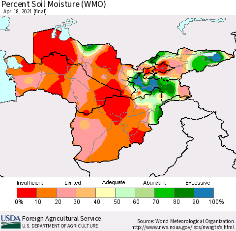 Central Asia Percent Soil Moisture (WMO) Thematic Map For 4/12/2021 - 4/18/2021