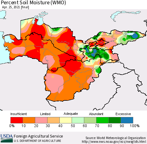 Central Asia Percent Soil Moisture (WMO) Thematic Map For 4/19/2021 - 4/25/2021