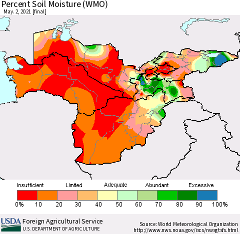 Central Asia Percent Soil Moisture (WMO) Thematic Map For 4/26/2021 - 5/2/2021