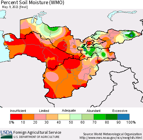 Central Asia Percent Soil Moisture (WMO) Thematic Map For 5/3/2021 - 5/9/2021