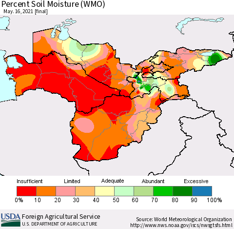 Central Asia Percent Soil Moisture (WMO) Thematic Map For 5/10/2021 - 5/16/2021