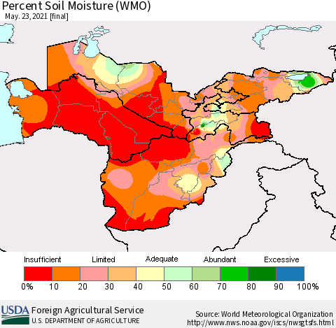 Central Asia Percent Soil Moisture (WMO) Thematic Map For 5/17/2021 - 5/23/2021