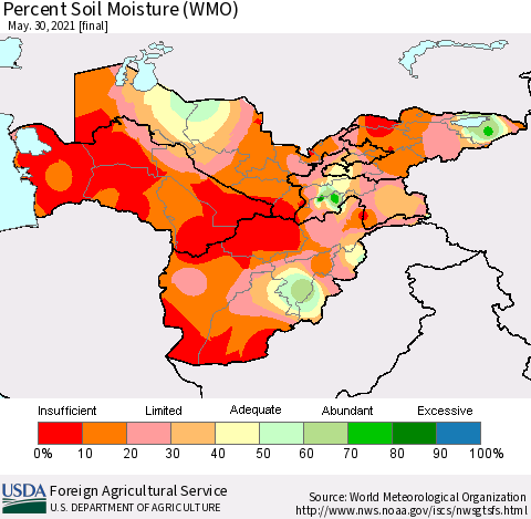 Central Asia Percent Soil Moisture (WMO) Thematic Map For 5/24/2021 - 5/30/2021
