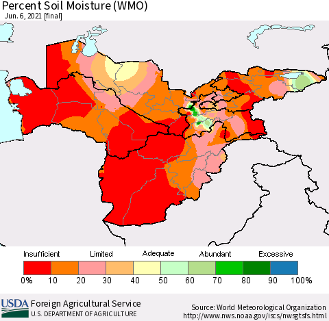 Central Asia Percent Soil Moisture (WMO) Thematic Map For 5/31/2021 - 6/6/2021