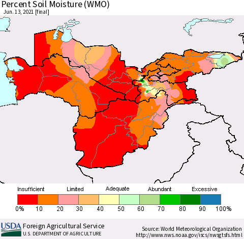 Central Asia Percent Soil Moisture (WMO) Thematic Map For 6/7/2021 - 6/13/2021