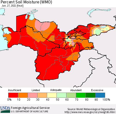 Central Asia Percent Soil Moisture (WMO) Thematic Map For 6/21/2021 - 6/27/2021