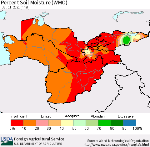 Central Asia Percent Soil Moisture (WMO) Thematic Map For 7/5/2021 - 7/11/2021
