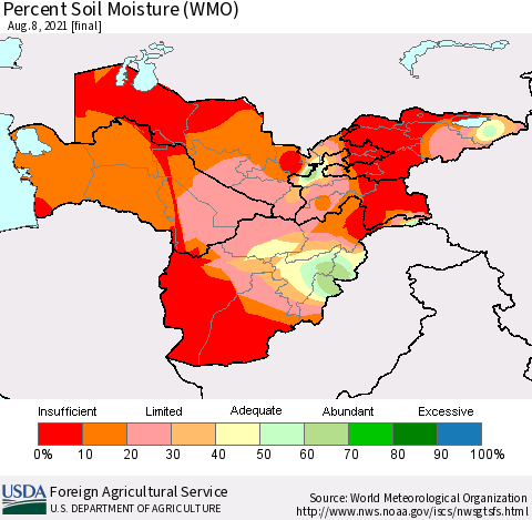 Central Asia Percent Soil Moisture (WMO) Thematic Map For 8/2/2021 - 8/8/2021