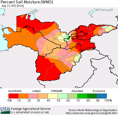 Central Asia Percent Soil Moisture (WMO) Thematic Map For 8/9/2021 - 8/15/2021
