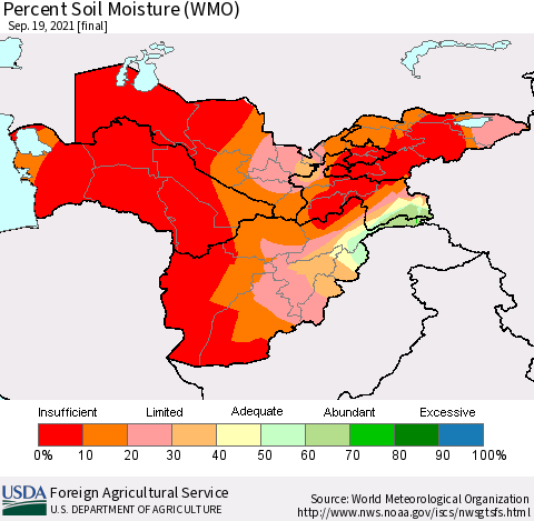 Central Asia Percent Soil Moisture (WMO) Thematic Map For 9/13/2021 - 9/19/2021