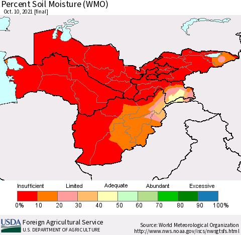 Central Asia Percent Soil Moisture (WMO) Thematic Map For 10/4/2021 - 10/10/2021