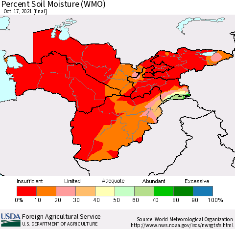 Central Asia Percent Soil Moisture (WMO) Thematic Map For 10/11/2021 - 10/17/2021