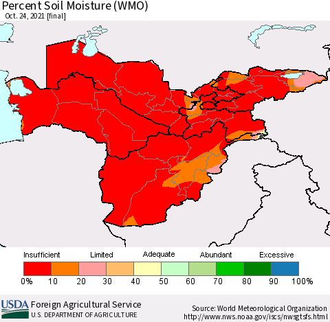 Central Asia Percent Soil Moisture (WMO) Thematic Map For 10/18/2021 - 10/24/2021