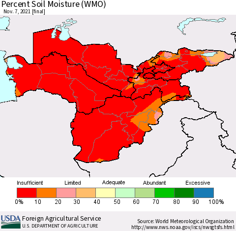 Central Asia Percent Soil Moisture (WMO) Thematic Map For 11/1/2021 - 11/7/2021