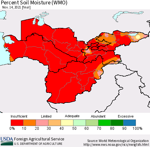 Central Asia Percent Soil Moisture (WMO) Thematic Map For 11/8/2021 - 11/14/2021