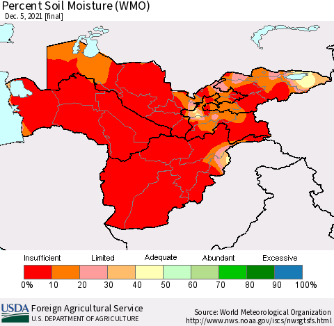 Central Asia Percent Soil Moisture (WMO) Thematic Map For 11/29/2021 - 12/5/2021
