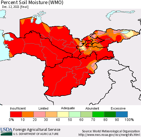 Central Asia Percent Soil Moisture (WMO) Thematic Map For 12/6/2021 - 12/12/2021