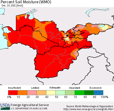 Central Asia Percent Soil Moisture (WMO) Thematic Map For 12/13/2021 - 12/19/2021