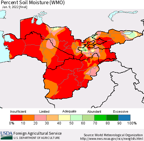 Central Asia Percent Soil Moisture (WMO) Thematic Map For 1/3/2022 - 1/9/2022