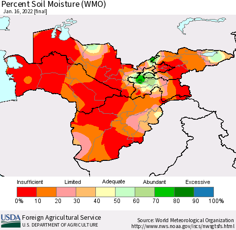 Central Asia Percent Soil Moisture (WMO) Thematic Map For 1/10/2022 - 1/16/2022