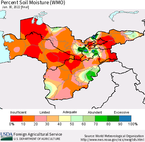 Central Asia Percent Soil Moisture (WMO) Thematic Map For 1/24/2022 - 1/30/2022
