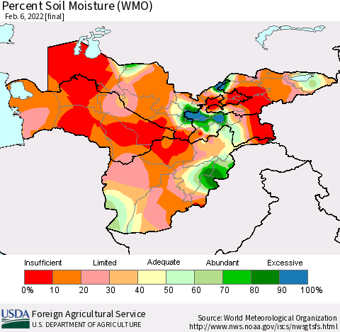 Central Asia Percent Soil Moisture (WMO) Thematic Map For 1/31/2022 - 2/6/2022