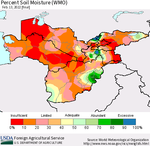 Central Asia Percent Soil Moisture (WMO) Thematic Map For 2/7/2022 - 2/13/2022