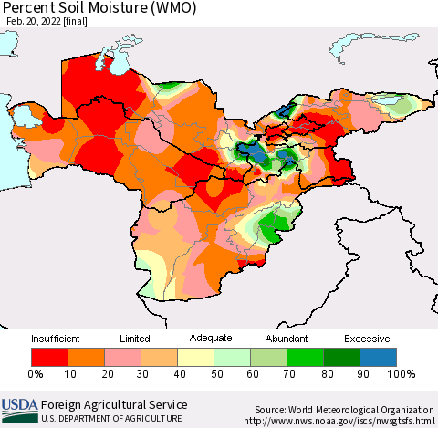 Central Asia Percent Soil Moisture (WMO) Thematic Map For 2/14/2022 - 2/20/2022