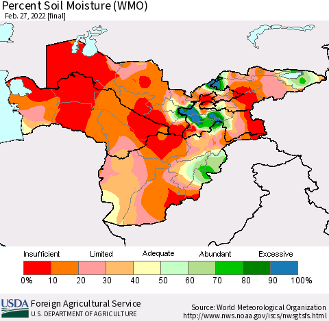 Central Asia Percent Soil Moisture (WMO) Thematic Map For 2/21/2022 - 2/27/2022