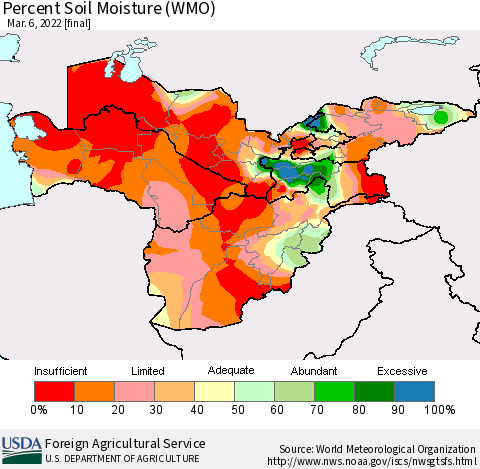 Central Asia Percent Soil Moisture (WMO) Thematic Map For 2/28/2022 - 3/6/2022